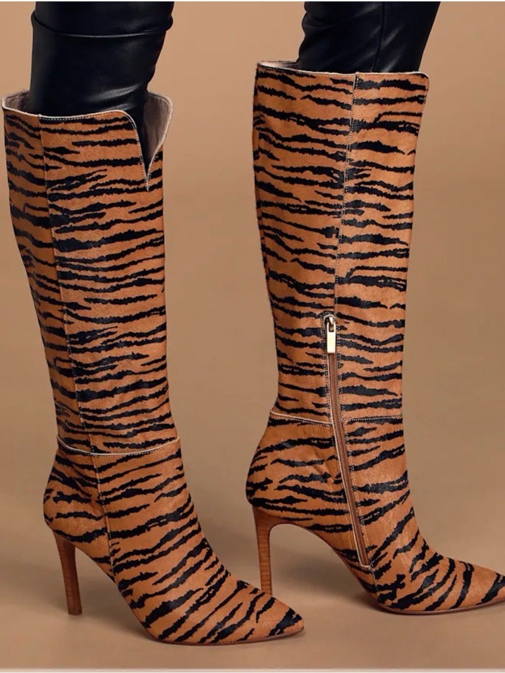 42 Gold - Lulus Kailynn Natural Tiger Calf Hair Leather Knee-High Boots Size 6.5